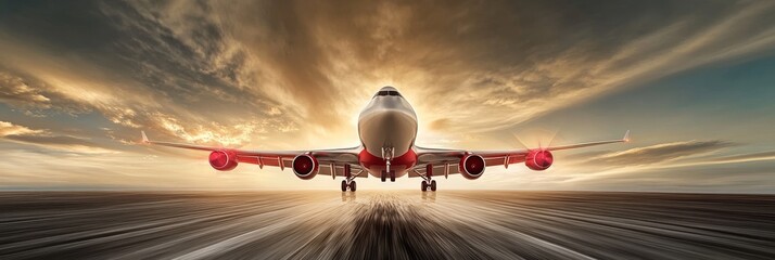 Airplane Taking Off at Sunset - A majestic airplane prepares for takeoff against a vibrant sunset backdrop. The captures the power and beauty of air travel