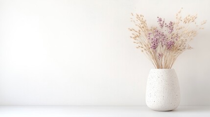 Simple, minimalist dried flower arrangement in a textured vase against a clean white backdrop