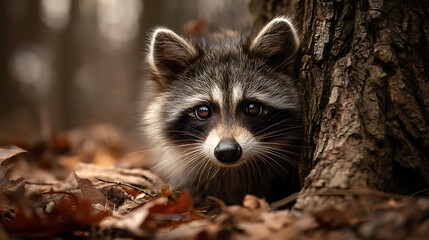 Obraz premium Close-up raccoon in serene forest wildlife scene photorealistic animal photography with soft background and ambient light