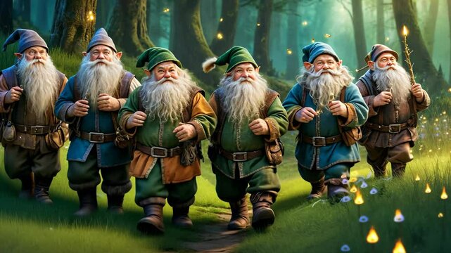 A group of gnomes with long white beards journey through an enchanted forest at night