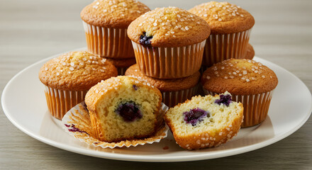 Delicious Blueberry Muffins Stacked High on a White Plate Close Up