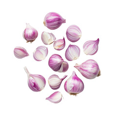 Fresh shallots scattered on a clean Transparent background showcasing vibrant colors and healthy texture, shallots isolated on PNG background