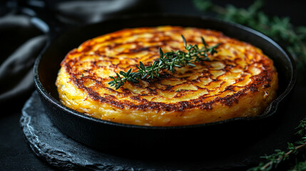 Crispy Rosti potato pancake in a cast iron pan garnished with fresh thyme symbolizes rustic comfort, culinary simplicity, and the warmth of traditional home cooking with modern presentation

