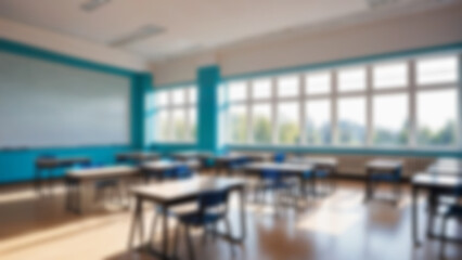 Fototapeta premium Beautiful blurred background of bright classroom and study room with panoramic windows and beautiful lighting. Blurred Empty school background.