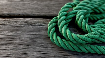 Fototapeta premium Close-up of intertwined green rope on weathered wooden surface, showcasing texture and detail