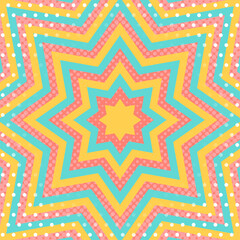 同心状の星形とハーフトーンのドット、ドットのパターン背景、八角星、ポップなデザイン、装飾的な放射型図形、正方形サイズ