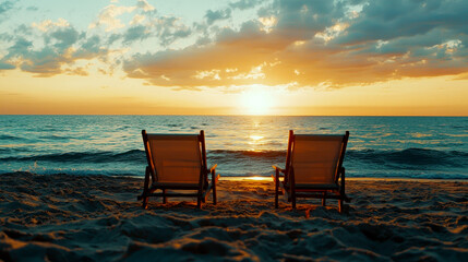 Serene beach sunset with chairs and umbrella . summer vocation concept.