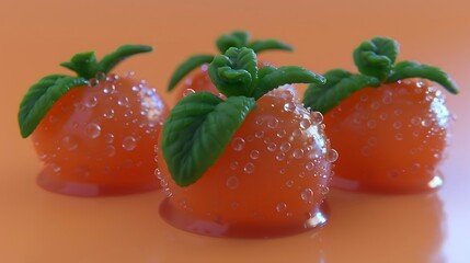 Miniature orange sweets with green leaf accents and glistening water droplets