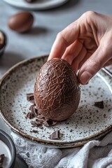 A chocolate Easter egg with a creamy filling is placed on a plate. A person carefully cracks open the shell to reveal the smooth center. The mood is indulgent and satisfying
