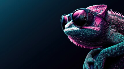 a stylish chameleon with gradient scales, captured in a close-up, wearing reflective sunglasses against a deep dark background, exhibiting vibrant and imaginative digital artistry