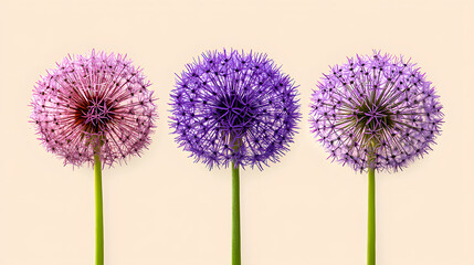 Three Pink And Purple Allium Flowers On Pale Background