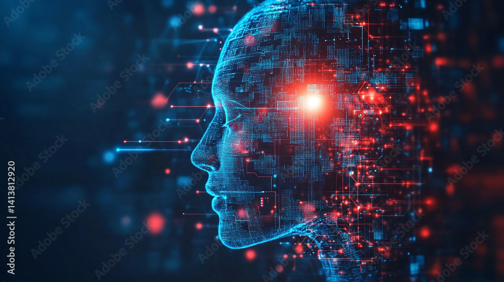 Poster futuristic digital interface with glowing ai hologram symbolizing the evolution of artificial intell