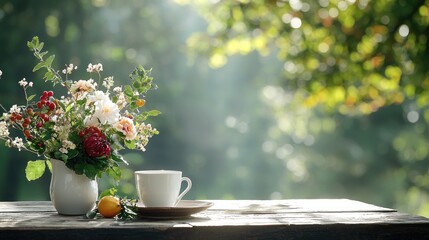Fototapeta premium Rustic floral arrangement with coffee
