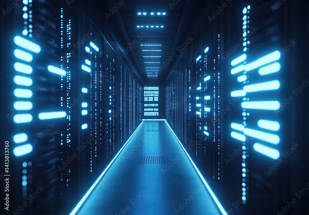 Poster Futuristic data center hallway with illuminated server racks and glowing floor edges. Perfect for AI, digital infrastructure, cloud computing, and cybersecurity visuals