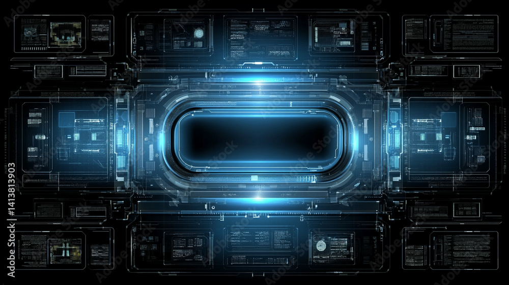 Poster futuristic digital interface with glowing ai hologram symbolizing the evolution of artificial intell