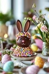 A chocolate egg shaped like a bunny is decorated with colorful sugar pearls. The egg is placed on a festive table for Easter brunch. The mood is festive and cheerful