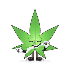 Cute weed character with puff of smoke. Vector illustration of marijuana leaf. Cannabis mascot to celebrate 420 day