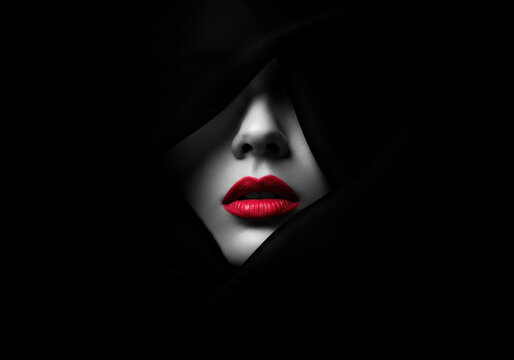 A woman with red lipstick in the dark, highlighted by a single beam of light, exudes mystery and allure.