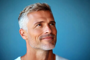 Obraz premium Blue solid background. Classy men's shoulder-length taper haircut - midlife white man with blond hair. Concept artwork design of style for aging men. A serene and handsome man posing in style.