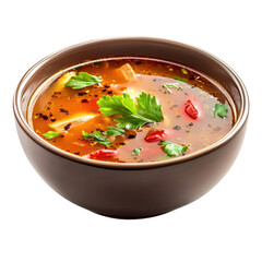 Spicy pork soup with fresh herbs and chili in a brown bowl on a white background, hot and spicy soup with porkisolated on white background