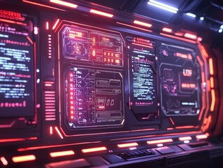 Futuristic Control Panel with Neon Lights and Digital Data Display