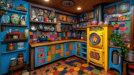 Naklejka premium Vibrant, eclectic kitchen with colorful patchwork design