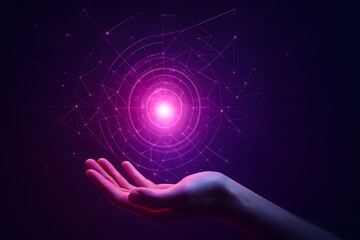Hand reaching out to glowing data points, symbolizing AI technology's impact on marketing in a purple and black background