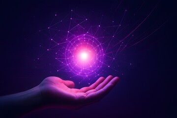 Hand reaching out to glowing data points, symbolizing AI technology's impact on marketing in a purple and black background