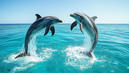 Obraz premium Two dolphins jumping together in the ocean