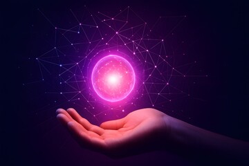 Hand reaching out to glowing data points, symbolizing AI technology's impact on marketing in a purple and black background