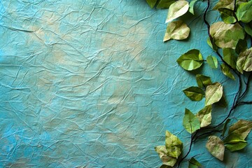Green Leaves on Crinkled Blue Paper Background Texture