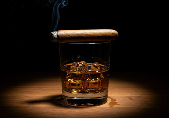 Glass of whiskey with cigar.