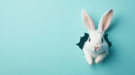 Fototapeta premium a playful peek: a pristine white bunny emerges from a teal canvas revealing a delightful surprise with its curious eyes and fluffy appearance ready for easter celebrations