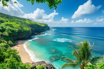 Obraz premium Tranquil Beach Scene with Rocky Cliffs and Lush Greenery