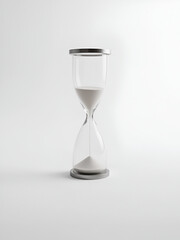 A sleek hourglass sits alone on a  white background, emphasizing its elegant design and timeless nature.