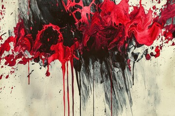 Bold Abstract Painting with Red and Black Swirls on Canvas Surface
