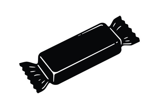 Candy bar silhouette. This image shows a black silhouette of a candy bar in its wrapper, symbolizing a sweet and packaged treat. Vector clipart black illustration design.
