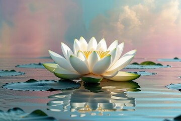 White Lotus Flower Representing Purity in Buddhism Floating on Water with Gentle Reflection on Soft Pastel Background