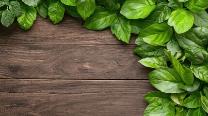 Fototapeta premium Lush green leaves frame dark wood background nature photography