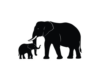 Elephant family silhouette. This image features a black silhouette of elephants, including a parent and baby, standing side by side. Vector clipart black illustration design.