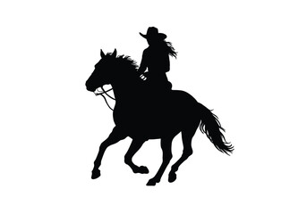 Fototapeta premium Cowgirl horse silhouette. Female equestrian riding a galloping horse, symbolizing adventure, countryside tradition, and rugged freedom. Vector clipart black illustration design.