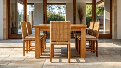Modern dining area with wooden table and woven chairs in bright space., Sustainable Furniture concept