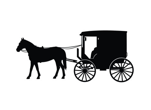 Amish horse and buggy silhouette. This traditional carriage design depicts a horse-drawn buggy, showcasing rural simplicity and vintage aesthetics. Vector clipart black illustration design.