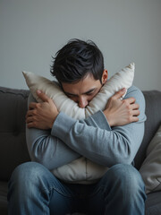 Desperate sad man sitting at sofa couch and hugging pillow, feeling miserable and depressed