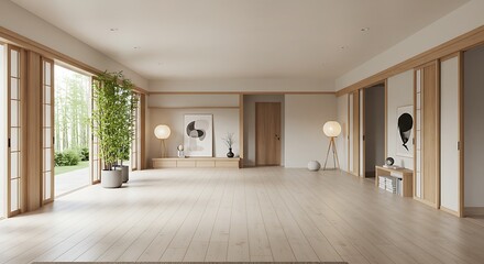 Fototapeta premium Japan style Big living area in luxury room japandi style decoration.3D rendering