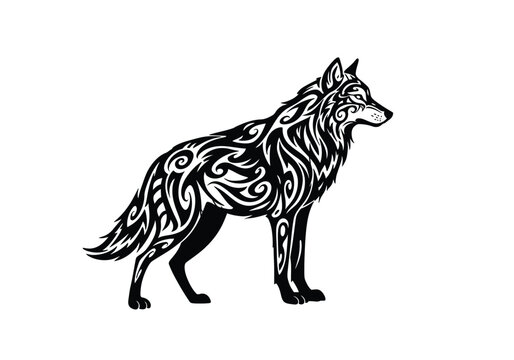 recommend clip art: Tribal wolf silhouette. Detailed black tribal design showcasing fierce artistry and intricate ornamental patterns, resembling a tribal tattoo. Vector clipart black illustration design.