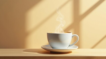 Aromatic Steam Rising from a Warm Cup of Coffee on a Sunny Day Resting on Wooden Surface