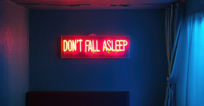 Neon don t fall asleep sign glowing red in flickering motel room deep navy and bright silver symbolizing nightmares and sleep paralysis