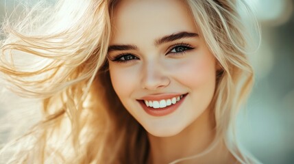 Naklejka premium close-up portrait of a radiant young woman with flowing blonde hair smiling cheerfully showing off her perfect white teeth and healthy skin bathed in soft light