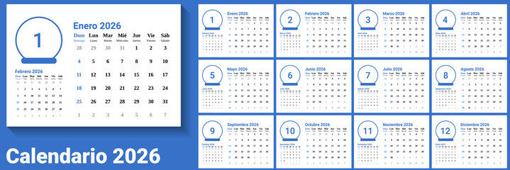 Vector of 2026 Spanish calendar. template of 2026 desk calendar with A4 size and landscape design. week start on Sunday. Sunday as weekend. blue and white as main color. compatible with A5 size.